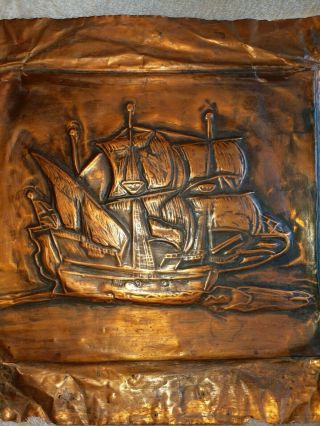 Copper Relief Impression Of Sailing Ship Nautical Wall Hanging Art Vintage