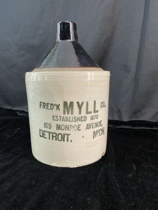 Rare Antique Detroit Myll Co Whisky Stoneware Jug Crock 11.  5 " Tall Monroe Ave