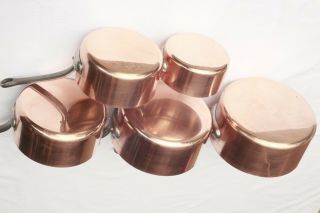 Vintage French Copper Saucepan Pan Set 5 Stamped Fab Francaise Tin Lined 9.  5lbs