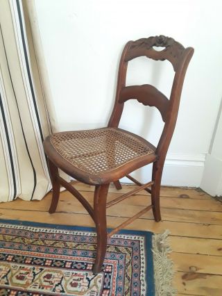 Vintage Carved Wood Cane Seat Small Side Accent Chair 2 Tier Back (n652) P2
