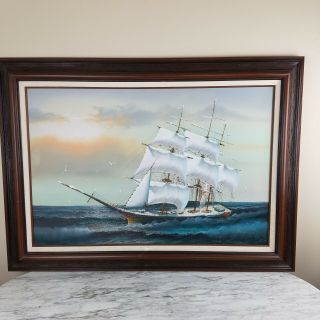 Oil Painting Sailing Ship Vintage 80s Sailboat Ocean Seas Signed Ansonia 44x32