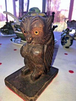Vintage Carved Wood Owl Single Bookend Glass Eyes