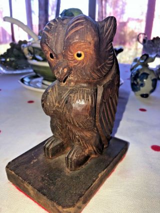 Vintage Carved Wood Owl single Bookend glass eyes 2