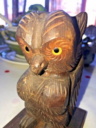 Vintage Carved Wood Owl single Bookend glass eyes 3