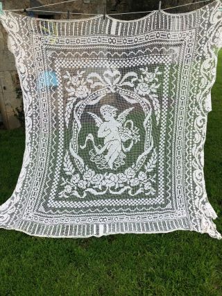 Exquisite Antique French Cherub Hand Crafted Crochet Bedspread Bed Cover 7x6 Ft
