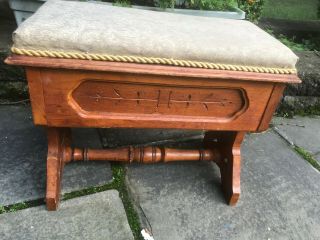 Vtg Antique Victorian Country Carved Wood Upholstered Bench Stool Ottoman Opens