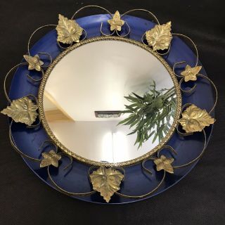 1960s Vintage Convex Mirror Midnight Blue Metal Frame Gold Metal Leaf 44cm