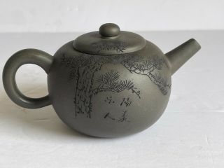 Vintage Dark Gray Chinese Yixing Clay Pottery Teapot W Calligraphy Incised Tree