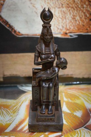 Vintage Egyptian Statue Of Goddess Isis Breastfeeding Baby Horus Black Handmade