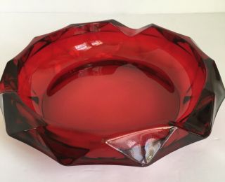 Vintage Retro Diamond Faceted Red Ruby Glass Ashtray 8 - 1/2 " Diameter Unbranded