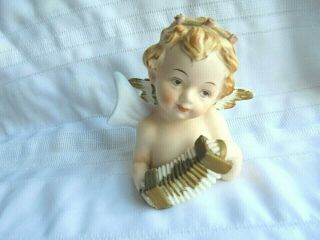 Vintage Napco Ceramic Cherub / Angel Playing A Squeeze Box Figurine