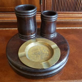 Ironwood Stand With Brass Ashtray,  Cigarette And Match Holders