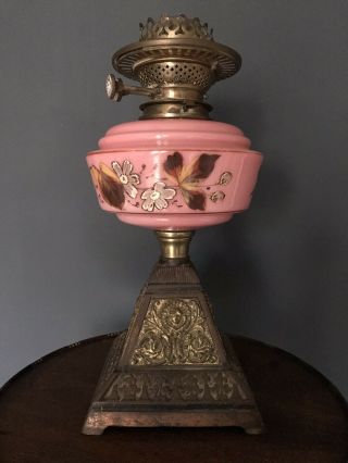 Victorian Duplex Opaline Glass Hand Painted Floral Oil Lamp Cast Iron Base