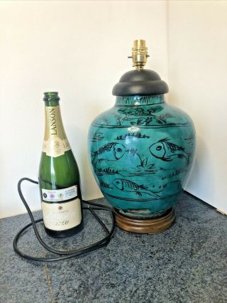 Antique Persian Turquoise Pottery Fish Design Vase Converted To A Lamp Vintage