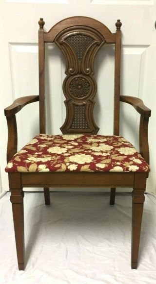 Antique Vintage Oak Carved Caned Back Upholstered Seat Arm Chair -