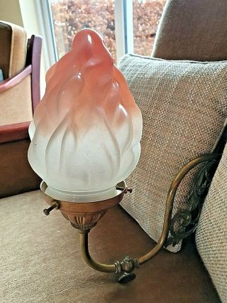 Vintage/Antique Brass Wall Light Scone Art Deco ' Flame ' Pink Shade 2