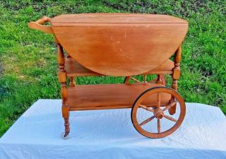 Vintage Antique Wooden Wagon Wheel Drop Leaf Tea Bar Serving Cart Round Top Mcm