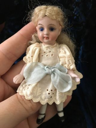 Pretty 4 Inch Swivel Neck Antique All Bisque Jointed Doll W/glass Eyes