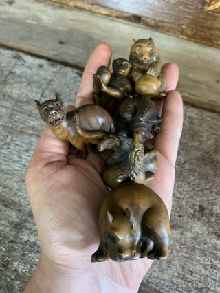 Antique Vintage Carved Wooden Netsuke Hippo Bear Bat Monkey Tiger Horse Set X 6