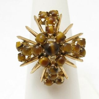 Vintage 14k Yellow Gold Tigers Eye Domed Starburst Cluster Modernist Ring Sz 6.  5