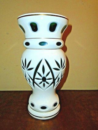 Vintage Cased Glass Vase White Cut To Green Bohemian Czech Gold Trim 10 3/4 "