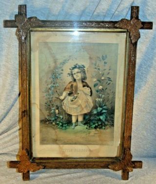 Antique Currier & Ives Little Blossom Print W/ Cross Corner Leaf Eastlake Frame