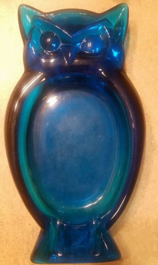 Vintage Mid Century Modern Blue Glass Owl Ashtray Trinket Dish