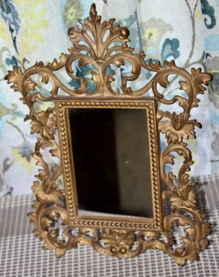 Antique Cast Iron Frame Fancy Victorian Table Top Easel Mirror Gold Foliage