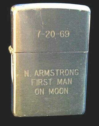 1969 Zippo Lighter 7 - 20 - 69 N.  Armstrong First Man On Moon W/ Orig.  Engraving Box