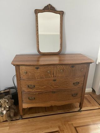 Vintage Tiger Oak Dresser And Mirror