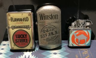 Vintage Cigarette Flip Top Advertising Lighters Lucky Strike,  Winston,  Camel