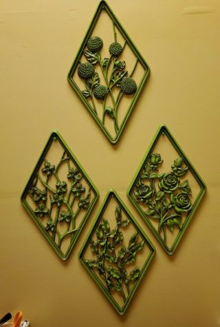 Vtg Syroco Green Diamond Shape Floral Wall Plaques Retro Kitsch Mcm Set / 4 Usa