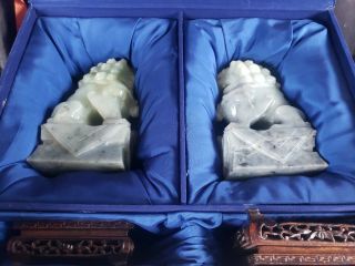 Vintage Chinese Nephrite Jade Foo Dogs Carving Sculptures w/Carved Wood Stands 2