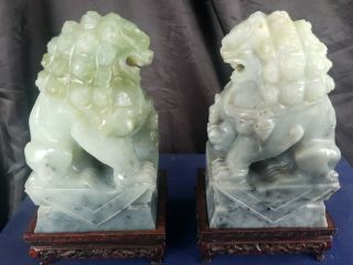 Vintage Chinese Nephrite Jade Foo Dogs Carving Sculptures w/Carved Wood Stands 3