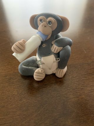 Vintage Cecile Baird Polymer Clay Baby Monkey In Diaper W Bottle Figurine Cute
