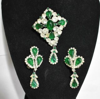 Vintage Weiss Brooch / Pin And Earring Set.  Green And White Stones