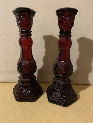 Avon 1876 Cape Cod 2 Ruby Red Tall Candlesticks 8.  5 “