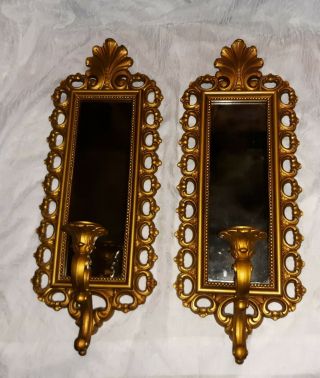 Set Lrg Vintage Ornate Syroco Mirrored Wall Sconces Candle Holders L@@k