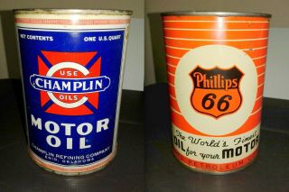 2 Vintage Metal Oil Cans Quart Champlin & Phillips 66 Empty Shiels & Cross Pics