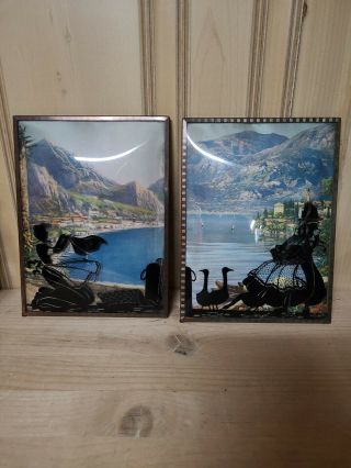 2 Reverse Painted Convex Glass Silhouette Pictures Dutch Maidens