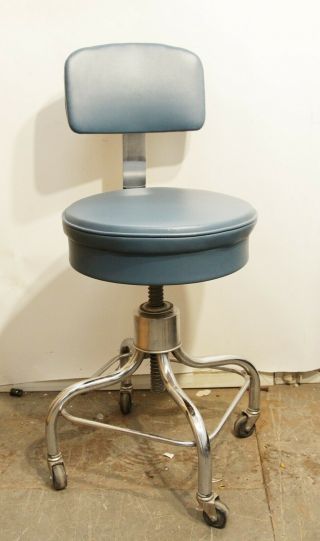 Vintage Pedigo Adjustable Square Seat Chrome Stool With Backrest & Casters