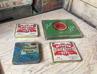 4 Vintage Cigarette Cigar Tobacco Tin Lucky Strike Between Acts Piper Heidsieck