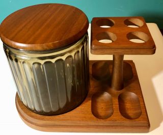 Vintage Walnut Wood 4 Pipe Stand With Smoked Gray Glass Humidor Jar