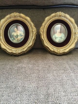 2 Vintage Cameo Creations Gold Ornate Framed Pictures Wall Hangings Decor Convex