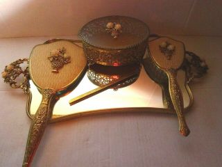 Vintage/antique Gold Gilt Perfume Tray W/ Hand Mirror - Brush - Comb,  Hand Mirror,  Tr