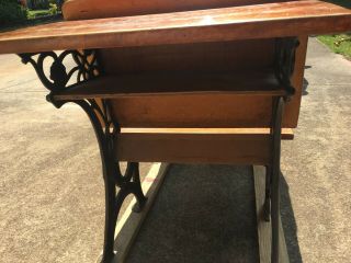 Antique Child ' s School Desk Wood & Cast Iron With Folding Seat 3