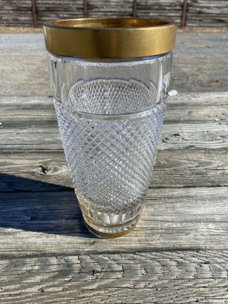 Vintage Bohemian Czech Heavy Diamond Cut Crystal Vase With Gold Trim