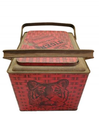 Vintage Tiger Bright Sweet Chewing Tobacco Tin Red Black Basket Weave Lunch Box