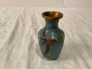 Cloisonné Vase Vintage Antique 4” Blue With Flowers Floral Pattern Small Bud