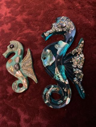 2 Vintage Lucite Plastic Abalone Seahorse Wall Art Decoration Hand Made